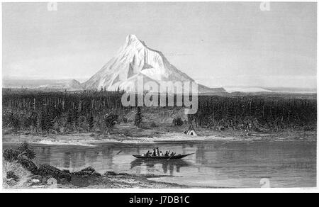 Eine Gravur des Mount Hood aus der Columbia in hoher Auflösung aus einem Buch gescannt gedruckt im Jahre 1872.  Kostenlos copyright geglaubt. Stockfoto