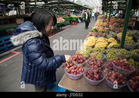 Multikulturelle Szene der Stierkampfarena offenen Markt, ein outdoor-Food-Markt im Zentrum von Birmingham, Vereinigtes Königreich. Dem freien Markt bietet eine Vielzahl von frischem Obst und Gemüse, Textilien, Haushaltsgegenstände und Saisonware. Bull Ring freihändigen verfügt über 130 Ständen. Stockfoto