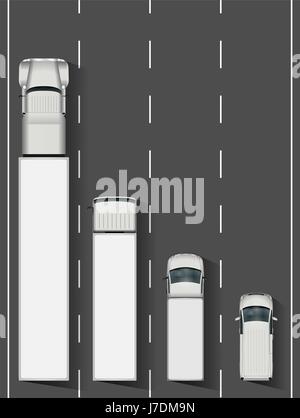 LKW auf der Straße Vektor-Illustration. Autobahn mit LKWs aus Draufsicht. Alle Schichten und Gruppen organisiert auch für die einfache Bearbeitung und einfärben. Stock Vektor