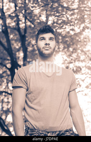 ein junger Mann, Oberkörper Porträt, niedrigen Winkel Ansicht, im freien Naturpark, Baum, sonnigen Tag, duotone Stockfoto