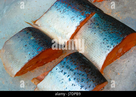 Frischer Lachs auf Eis in Stücken Stockfoto