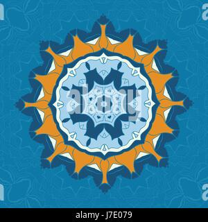 Blaue und braune Mandala Ornament über Symmetrie nahtlose Hintergrund. Dekorative Runde Ornament für Färbung Anti-Stress-Therapie. Stoff-Design-Elemente. Yoga inspiriert Hintergründe für Meditation Poster. Ungewöhnliche stilisierte Blütenform. Orientalische Vektor Stock Vektor