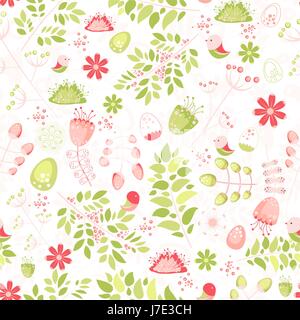 Frühling frische Musterdesign mit Vögel, Blätter, Blumen Stock Vektor