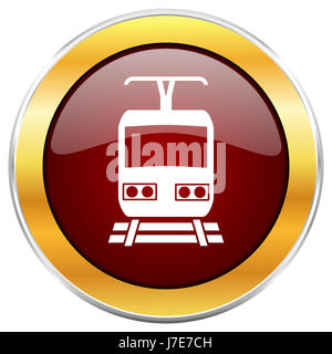 Zug-rote Web-Symbol mit goldenen Rahmen isoliert auf weißem Hintergrund. Runde glänzende Knopf. Stockfoto