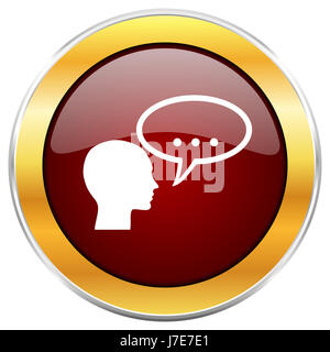 Forum rot Web-Symbol mit goldenen Rahmen isoliert auf weißem Hintergrund. Runde glänzende Knopf. Stockfoto