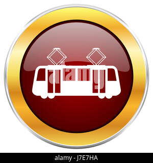 Straßenbahn-rote Web-Symbol mit goldenen Rahmen isoliert auf weißem Hintergrund. Runde glänzende Knopf. Stockfoto