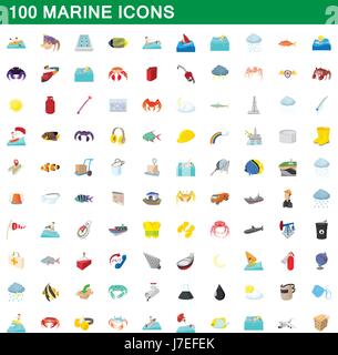 100 marine Icons Set, Cartoon-Stil Stock Vektor