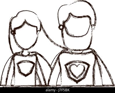 verschwommene dicken Silhouette Karikatur gesichtslosen halben Körper paar weibliche und männliche Superhelden mit Herz-Symbol in uniform Stock Vektor
