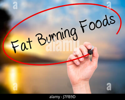 Hand des Mannes Fat Burning Foods mit schwarzem Filzstift auf Bildschirm zu schreiben. Isoliert auf Natur. Wirtschaft, Technologie, Internet-Konzept. Stock Foto Stockfoto