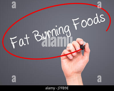 Hand des Mannes Fat Burning Foods mit schwarzem Filzstift auf Bildschirm zu schreiben. Isoliert auf grau. Wirtschaft, Technologie, Internet-Konzept. Stock Foto Stockfoto