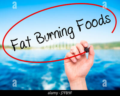 Hand des Mannes Fat Burning Foods mit schwarzem Filzstift auf Bildschirm zu schreiben. Isoliert auf Natur. Wirtschaft, Technologie, Internet-Konzept. Stock Foto Stockfoto