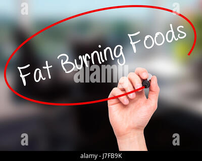 Hand des Mannes Fat Burning Foods mit schwarzem Filzstift auf Bildschirm zu schreiben. Isoliert auf Büro. Wirtschaft, Technologie, Internet-Konzept. Stock Foto Stockfoto