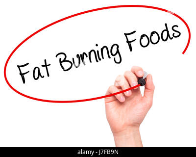 Hand des Mannes Fat Burning Foods mit schwarzem Filzstift auf Bildschirm zu schreiben. Isoliert auf weiss. Wirtschaft, Technologie, Internet-Konzept. Stock Foto Stockfoto