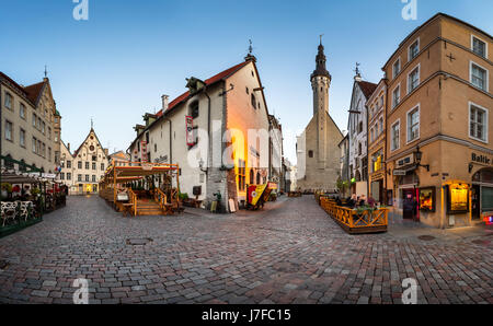 TALLINN, Estland - 1. August 2014: Rathaus von Tallinn und Olde Hansa Restaurant in Tallinn, Estland. Olde Hansa Restaurant eröffnete im Jahr 1997 als recon Stockfoto