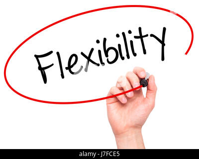 Hand des Mannes Flexibilität mit schwarzem Filzstift auf Bildschirm zu schreiben. Auf Hintergrund isoliert. Wirtschaft, Technologie, Internet-Konzept. Stock Foto Stockfoto