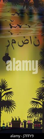 Laterne auf der Inschrift des Ramadan. Übersetzung aus dem arabischen Text: Ramadan. Religion ist der Islam. Schnell. Goldgrund. Vertikale Ausrichtung der Stock Vektor