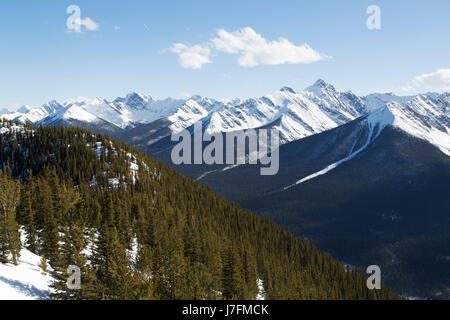 Wälder und schneebedeckte Berge im Banff Nationalpark in Banff, Alberta, Kanada. Kanadas erste, im Jahre 1885 wurde der Nationalpark gegründet. Stockfoto