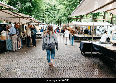 Den Haag, Niederlande - 7 August, 2016: Nicht identifizierte Personen in einem Buch- und Antiquitätenmarkt in der Straße von Den Haag Abschaltdruck Stockfoto