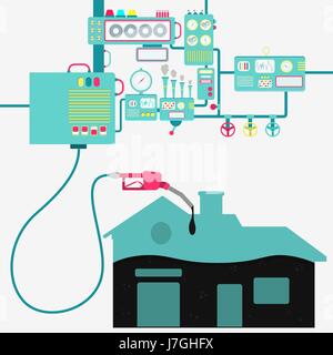 Maschinen der Fabrik Öl verfeinern und Betankung eines Hauses. Haus-Form wird durch ein Öl mit Zapfsäule gefüllt. Stock Vektor