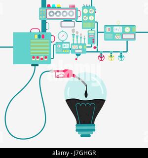 Maschinen der Fabrik Öl verfeinern und Betankung einer Glühbirne. Lampenform Erfülltsein durch ein Öl mit Zapfsäule. Stock Vektor