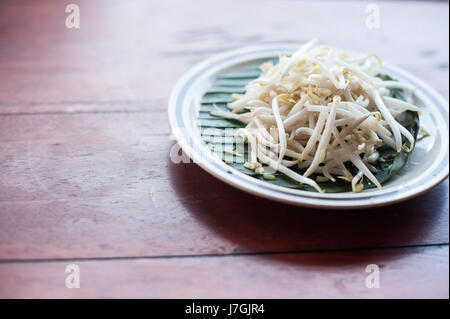 Mungobohnen oder Sojasprossen auf weißen Platten Stockfoto