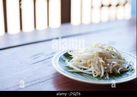 Mungobohnen oder Sojasprossen auf weißen Platten Stockfoto