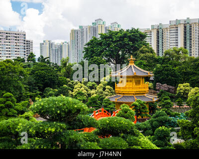 Goldener Pavillon der absoluten Perfektion in Nan Lian Garden in Chi Lin Nunnery, Hong Kong, China. Aufgenommen im Sommer, der Pavillon sitzt auf einem Hügel, die Stockfoto