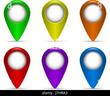 Reihe von bunten Karte Zeiger isoliert auf weißem Hintergrund. Stock Vektor