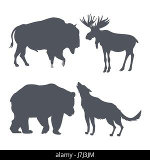 Monochrome set Wildtiere Silhouette der schneebedeckten Berge Stock Vektor