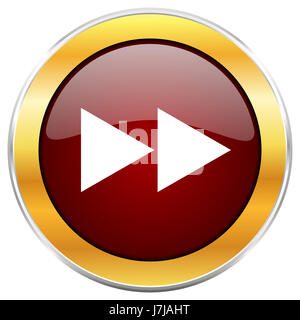 Rücklauf-rote Web-Symbol mit goldenen Rahmen isoliert auf weißem Hintergrund. Runde glänzende Knopf. Stockfoto