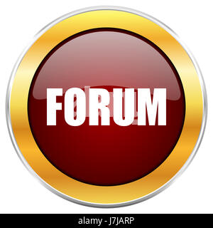 Forum rot Web-Symbol mit goldenen Rahmen isoliert auf weißem Hintergrund. Runde glänzende Knopf. Stockfoto
