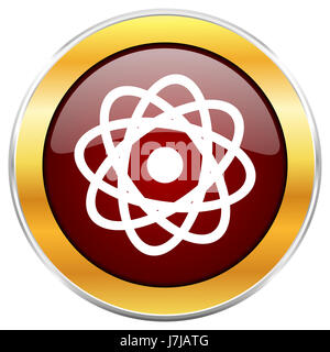 Atom-rote Web-Symbol mit goldenen Rahmen isoliert auf weißem Hintergrund. Runde glänzende Knopf. Stockfoto