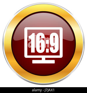 16 9 Display rot Web Icon mit goldenen Rahmen isoliert auf weißem Hintergrund. Runde glänzende Knopf. Stockfoto