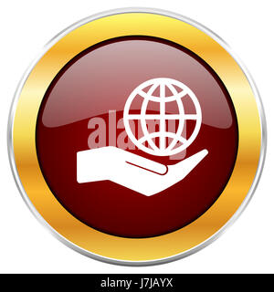 Hand schützen die Erde rot Web-Symbol mit goldenen Rahmen isoliert auf weißem Hintergrund. Runde glänzende Knopf. Stockfoto