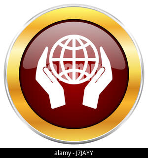 Hand schützen die Erde rot Web-Symbol mit goldenen Rahmen isoliert auf weißem Hintergrund. Runde glänzende Knopf. Stockfoto