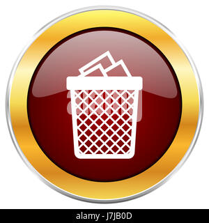 Papierkorb rot Web-Symbol mit goldenen Rahmen isoliert auf weißem Hintergrund. Runde glänzende Knopf. Stockfoto