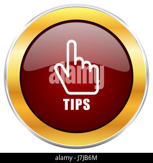 Tipps-rote Web-Symbol mit goldenen Rahmen isoliert auf weißem Hintergrund. Runde glänzende Knopf. Stockfoto