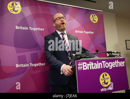 Die UKIP Führer Paul Nuttall startet seine Partei allgemeine Wahl-Manifest ein Great George Street im Zentrum von London. Stockfoto