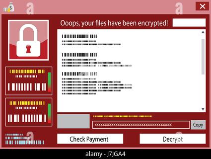Malware-Angriff. Lösegeld Malware Name ist möchte Weinen, Cyber-Virus-Angriff der Welt, Ransomware Virus verschlüsselten Sperrdatei und Show für Bitcoin Zahlung, ve Stock Vektor