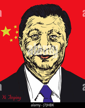 Xi Jinping, Generalsekretär der kommunistischen Partei Chinas, Präsident der Volksrepublik China, Flagge Hintergrund, hand gezeichnete illustration Stockfoto