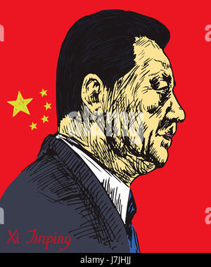 Xi Jinping, Generalsekretär der kommunistischen Partei Chinas, Präsident der Volksrepublik China, Flagge Hintergrund, hand gezeichnete illustration Stockfoto