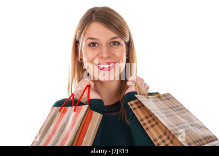 Porträt einer schönen jungen Frau mit Weihnachtsgeschenke Stockfoto