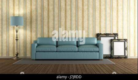 Wohnzimmer im klassischen Stil mit blauem Sofa - 3d rendering Stockfoto