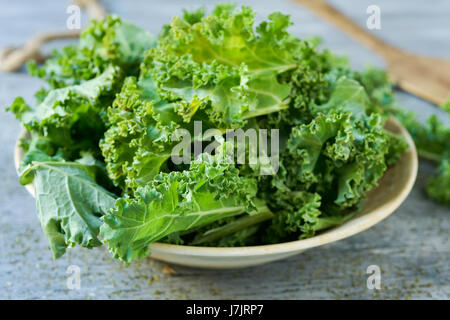 Nahaufnahme von einem einige rohen Blättern von Kale in einer Platte auf einem grauen rustikalen Holztisch Stockfoto