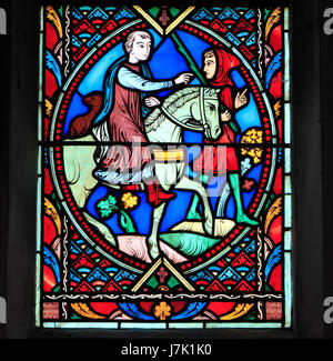 Gleichnis vom verlorenen Sohn, von Didron von Paris, 1859.  Buntglas-Fenster, Feltwell Kirche, Norfolk, England, verlorenen Sohn reitet in fernes land Stockfoto