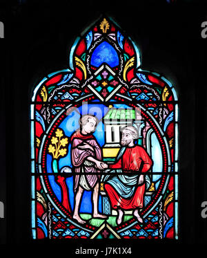 Gleichnis vom verlorenen Sohn, von Didron von Paris, 1859.  Glasfenster, Feltwell Kirche, Norfolk, England, UK, der verlorene Sohn nach Hause begrüßt Stockfoto