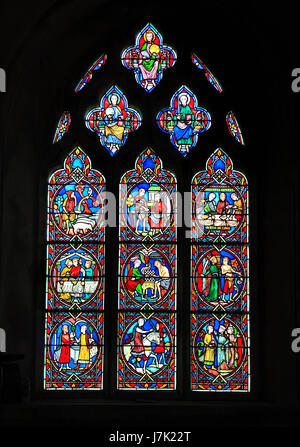 Gleichnis vom verlorenen Sohn, von Didron von Paris, 1859.  Glasfenster, Feltwell Kirche, Norfolk, England, UK, ganze Fenster Stockfoto