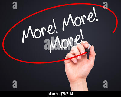Hand des Mannes mehr zu schreiben! Mehr! Mehr! mit schwarzen Balken am Bildschirm. Isoliert auf schwarz. Wirtschaft, Technologie, Internet-Konzept. Stock Foto Stockfoto
