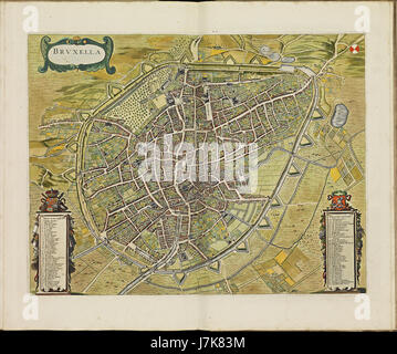 Diese historische Karte, Teil des Atlas de Wit, der 1698 veröffentlicht wurde, zeigt Brüssel, Belgien. Es ist ein wichtiges Beispiel für die Kartographie aus dem späten 17. Jahrhundert. Stockfoto