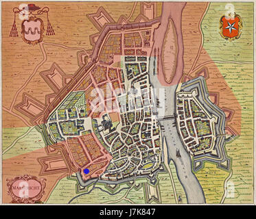 Der „Atlas de Wit“ von 1698 enthält eine Karte von Maastricht, die eine detaillierte Darstellung des Grundrisses der cityÂ und der Umgebung des späten 17. Jahrhunderts bietet, wobei der Schwerpunkt auf regionaler Geographie und Sehenswürdigkeiten liegt. Stockfoto